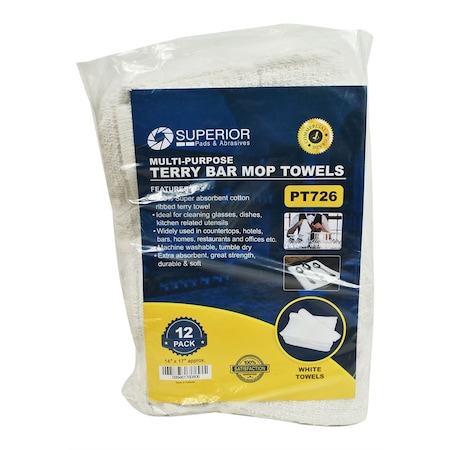 Superior Pads And Abrasives 14 Inch x 17 Inch White Terry Mop Towel - 100% Cotton, PK 12 PT726